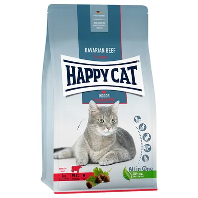Happy Cat Indoor Bavarian Beef, geeignet für Katzen ab 1 Jahr. Made in Germany, ohne Zusatz von Konservierungsstoffen. All in One Natural Life Concept.