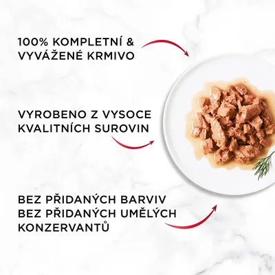 100% kompletní & vyvážené krmivo. Vyrobeno z vysoce kvalitních surovin. Bez přidaných barviv, bez přidaných umělých konzervantů. Miska s masem v omáčce.