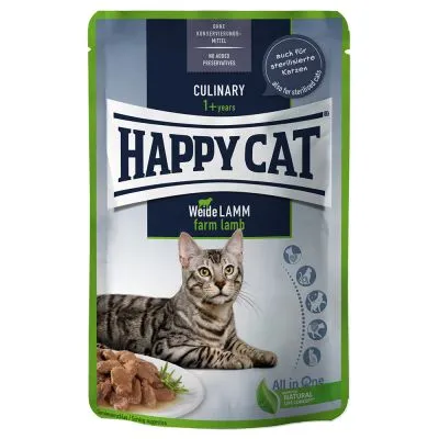 Confezione di cibo per gatti Happy Cat Weide Lamm farm lamb, Culinary 1+ years, senza conservanti, indicato anche per gatti sterilizzati. Immagine di un gatto e bocconcini di carne.