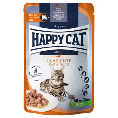 Happy Cat Adult Land Ente Farm Duck, wyprodukowana w Niemczech, dla kotów sterylizowanych, bezzbożowa receptura, bez konserwantów, All in One Natural Life Concept.