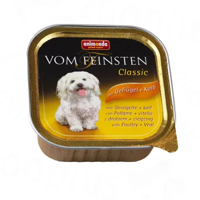animonda Vom Feinsten Classic hondenvoer, met gevogelte + kalf. Tekst in meerdere talen: met gevogelte + kalf, con pollame + vitello, with poultry + veal.