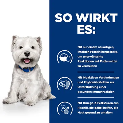 Текст на немецком: So wirkt es. Mit nur einem neuartigen, intakten Protein hergestellt, um unerwünschte Reaktionen auf Futtermittel zu vermeiden. Mit bioaktiven Verbindungen und Phytonährstoffen zur Unterstützung einer gesunden Immunreaktion. Mit Omega-3-Fettsäuren aus Fischöl, die dabei helfen, die Haut gesund zu erhalten.