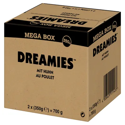 Krabice Dreamies Mega Box 2 × 350 g, mit Huhn, au poulet. Celková hmotnost 700 g. Čárový kód viditelný na boku obalu.