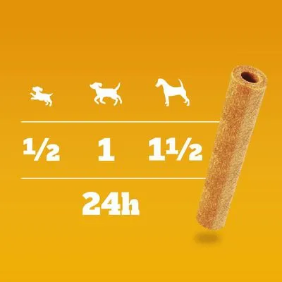 Voedingsadvies: kleine hond ½ stick, middelgrote hond 1 stick, grote hond 1½ stick per 24 uur. Afbeelding van kauwstick en drie hondensilhouetten.