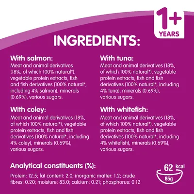 Ainesosat englanniksi: with salmon, tuna, coley, whitefish. Ravintosisältö: proteiini 12,5 %, rasva 2,0 %, tuhka 1,2 %, kuitu 0,20 %, kosteus 83,0 %, kalsium 0,21 %, fosfori 0,12 %. 62 kcal/85g.