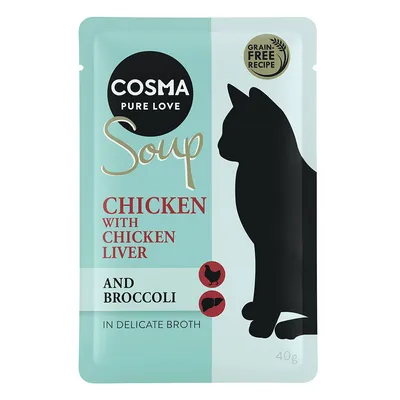 Cosma Soup, Huhn mit Hühnerleber und Brokkoli in feiner Brühe. Grain-Free Rezept. Verpackungseinheit: 40g.
