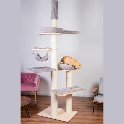 Rascador para gatos de varios niveles con plataformas, hamaca y postes de sisal beige. Gato naranja sobre una de las plataformas superiores. Base de madera clara, tapizado gris.