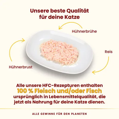 Unsere beste Qualität für Katzen: HFC-Rezepturen mit 100% Fleisch und/oder Fisch in Lebensmittelqualität. Zutaten: Hühnerbrust, Reis, Hühnerbrühe. Alle Gewinne für den Planeten.