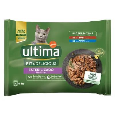 Ultima Fit & Delicious Sterilizado karma dla kotów w sosie, Duo Tierra y Mar z wołowiną i tuńczykiem, bez barwników i konserwantów, opakowanie 4x85g.