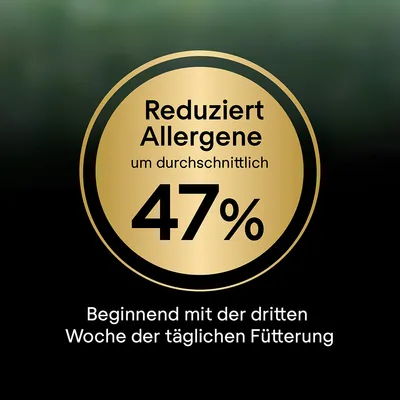 Texte en allemand : 'Reduziert Allergene um durchschnittlich 47 %. Beginnend mit der dritten Woche der täglichen Fütterung'