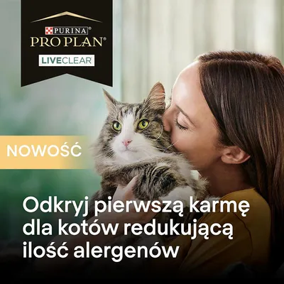 Purina Pro Plan LiveClear. NOWOŚĆ. Odkryj pierwszą karmę dla kotów redukującą ilość alergenów (текст на польском языке).