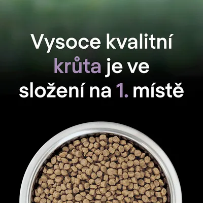 Text v češtine: Vysoce kvalitní krůta je ve složení na 1. místě. Miska s granulami.