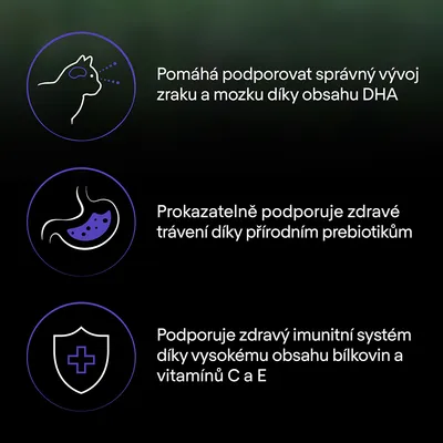 Text v češtine: Pomáhá podporovat správný vývoj zraku a mozku díky obsahu DHA; Prokazatelně podporuje zdravé trávení díky přírodním prebiotikům; Podporuje zdravý imunitní systém díky vysokému obsahu bílkovin a vitamínů C a E.