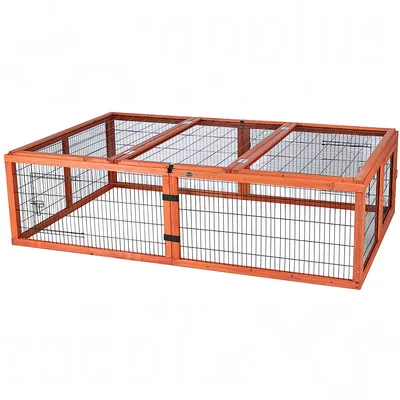 Wooden enclosure with metal grid walls and plexiglass roof, rectangular shape, two doors with black locks.