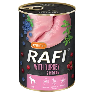 Boîte de nourriture pour chien adulte RAFI with turkey, grain free, avec images de dinde, myrtilles et canneberges. Texte visible : complete protein, 100% quality, no preservatives.