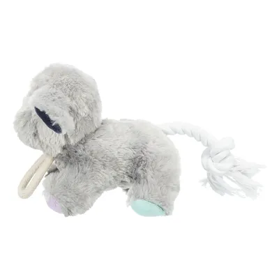 Jouet pour animal en forme d’éléphant gris, peluche avec pattes colorées et queue en corde blanche nouée, défenses en corde beige visibles.