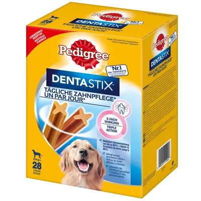 Pedigree Dentastix daglig tandvård för hundar från 25 kg, 28 sticks. Minskar tandstensbildning upp till 80 %, rengör svåråtkomliga tänder, stödjer tandköttshälsa.