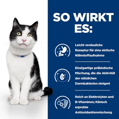 So wirkt es: Leicht verdauliche Rezeptur für einfache Nährstoffaufnahme, präbiotische Mischung zur Aktivität der Darmbakterien, reich an Elektrolyten und B-Vitaminen mit Antioxidantien.