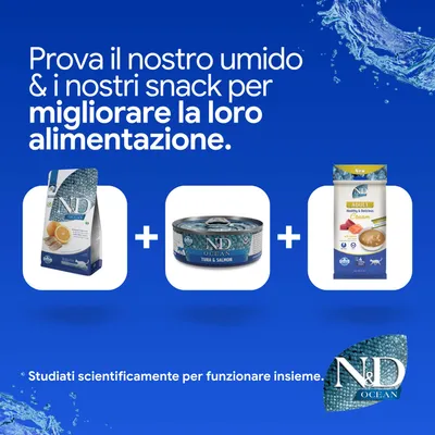 N&D Ocean crocchette, alimento umido tonno & salmone e adult cream snack. Sviluppato scientificamente per una migliore alimentazione. N&D Ocean crocchette, alimento umido tonno & salmone e adult cream snack. Sviluppato scientificamente per una migliore alimentazione.
