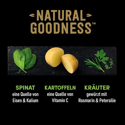 Natural Goodness. Шпинат: источник железа и калия. Картофель: источник витамина C. Травы: приправлено розмарином и петрушкой.