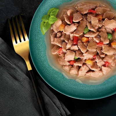 Chunks of wet pet food with gravy and visible pieces of red, yellow, and green vegetables on a green plate, garnished with basil. Gold fork and dark napkin beside the plate.