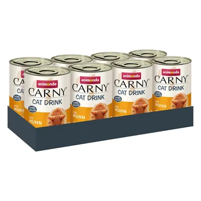 Animonda Carny Cat Drink s kuřetem, bez mléka. Produktový obrázek osmi konzerv v balení.