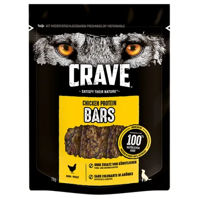Crave Chicken Protein Bars, elaboradas con 100% pollo natural. Sin colorantes ni aromatizantes artificiales añadidos. Con cierre Freshness Zip reutilizable.