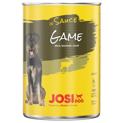 Консерва JosiDog Game in Sauce за кучета, надпис Wild | Sauvage | Jelen, изображение на куче и елен, 100% climate neutral, произведено в Германия, за възрастни кучета.