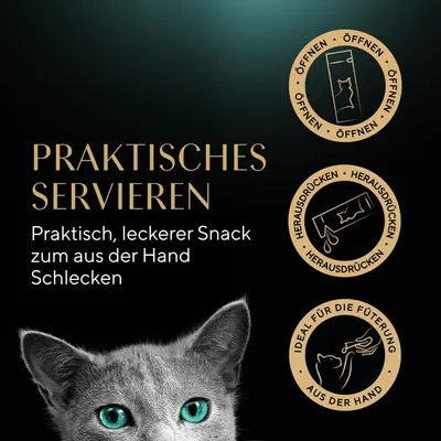 Praktisches Servieren: Leckerer Snack zum Schlecken aus der Hand. Symbole zeigen Öffnen, Herausdrücken und ideale Fütterung aus der Hand.