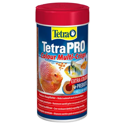 Barattolo TetraPRO Colour Multi-Crisps, alimento completo premium per pesci, con testo visibile: EXTRA COLOUR + PREBIOTIC FOR CLEAR WATER. Immagini di pesci tropicali sul fronte.
