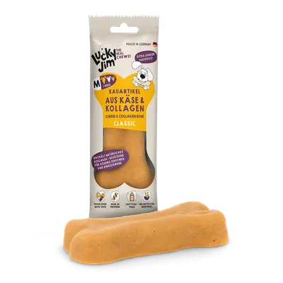 Lucky Jim tyggeben Classic med ost og kollagen, indeholder naturlige kollagenbyggesten, laktosefri, uden kunstige tilsætningsstoffer, højt proteinindhold, Made in Germany. Lucky Jim tyggeben Classic med ost og kollagen, indeholder naturlige kollagenbyggesten, laktosefri, uden kunstige tilsætningsstoffer, højt proteinindhold, Made in Germany.
