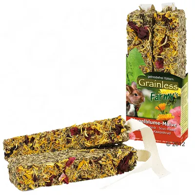 Grainless Farmy's enkelinkukka-malva, viljaton välipala pieneläimille luonnollisista ainesosista. Pakkaus ja kaksi välipalaa näkyvissä.
