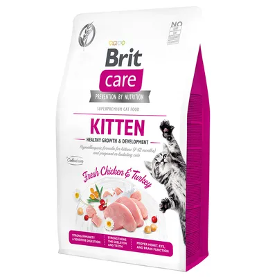 Brit Care Kitten Superpremium hrana za mačke. Hipoalergena formula za mladiče (4–12 mesecev) ter breje ali doječe mačke. Sveža piščančja in puranja, podpira imunski sistem in prebavo.