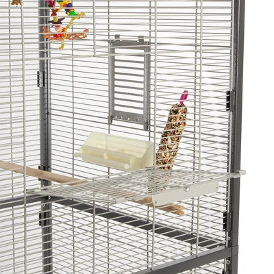 Fågelbur med metallgaller, sittpinne av trä, foderautomat av plast och upphängt fröfoder. Invändig vy av buren med tillbehör.