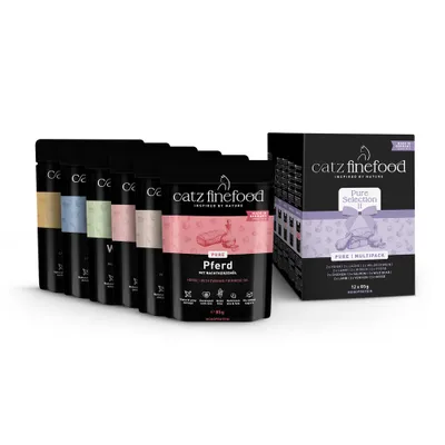 catz finefood Pure Selection II Multipack, 12 x 85g, Sorten: Huhn, Lachs, Wildschwein, Kaninchen, Ziege, Pferd, Lamm. Monoprotein. Made in Germany.