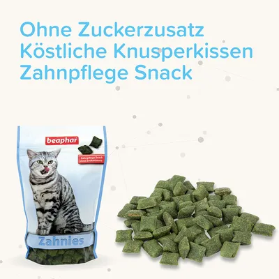 Beaphar Zahnies, heerlijke krokante kussentjes voor gebitsverzorging zonder toegevoegde suiker. Verpakking met kat en zichtbare groene snacks.