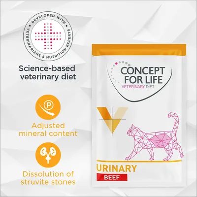 Concept for Life Veterinary Diet Urinary Beef, dieta veterinaria per gatti. Testo in inglese: adjusted mineral content, dissolution of struvite stones, developed with veterinarians.