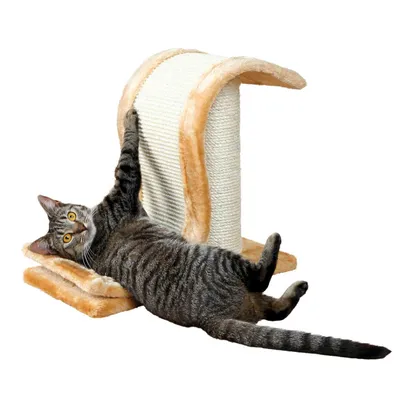 Kattenspeelgoed met gebogen sisal-krabvlak en zachte pluchen basis, grijze kat toont gebruik.