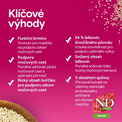 Kľúčové výhody: funkčné krmivo, podpora močových ciest, nízky obsah magnézia, 94 % živočíšnych bielkovín, znížený obsah bielkovín, s quinoou. N&D Quinoa Urinary. Kľúčové výhody: funkčné krmivo, podpora močových ciest, nízky obsah magnézia, 94 % živočíšnych bielkovín, znížený obsah bielkovín, s quinoou. N&D Quinoa Urinary.