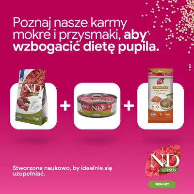 N&D Quinoa Urinary karma sucha, karma mokra i krem Skin & Coat przedstawione. Opracowane naukowo jako suplementacja żywienia. N&D Quinoa Urinary karma sucha, karma mokra i krem Skin & Coat przedstawione. Opracowane naukowo jako suplementacja żywienia.