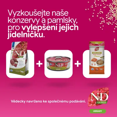 N&D Quinoa Urinary granule, mokré krmivo a Skin & Coat Cream zobrazené. Text: Pre vylepšenie jedálnička. Vedecky vyvinuté pre spoločné kŕmenie. N&D Quinoa Urinary granule, mokré krmivo a Skin & Coat Cream zobrazené. Text: Pre vylepšenie jedálnička. Vedecky vyvinuté pre spoločné kŕmenie.