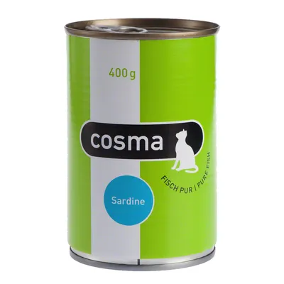 Lata de comida para gatos cosma, 400 g, variedad Sardine. Texto visible: FISCH PUR / PURE FISH.