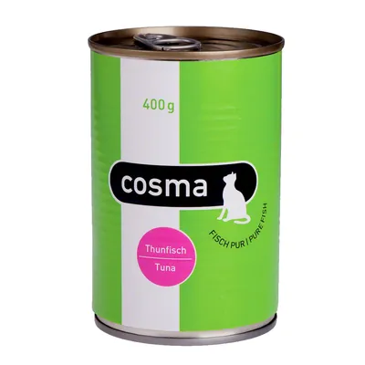 Lata de 400 g de comida para gatos cosma, variedad Thunfisch Tuna. Etiqueta verde y blanca con texto 'Fisch pur | Pure fish'.