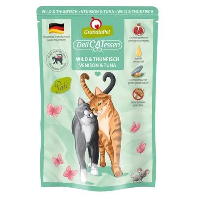 GranataPet DeliCATessen αγριό κρέας & τόνος, πατέ, παρασκευάζεται στη Γερμανία, χωρίς δοκιμές σε ζώα, χωρίς δημητριακά, με σπόρους ροδιού, λιναρόσπορο και πράσινο μύδι.