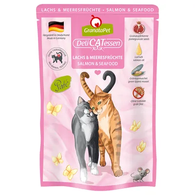 GranataPet DeliCATessen σολομός & θαλασσινά, πατέ. Παρασκευάζεται στη Γερμανία, χωρίς δοκιμές σε ζώα, με σπόρους ροδιού, λάδι σολομού, πράσινο χειλικό μύδι, χωρίς δημητριακά.