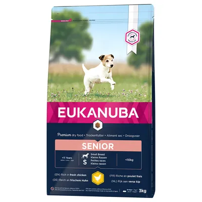 Eukanuba Senior hrană uscată pentru rase mici, peste 11 ani, sub 10 kg, bogată în carne proaspătă de pui. Mărime pachet: 3 kg.