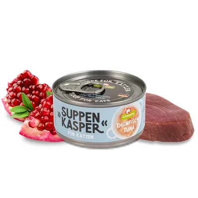 Консерва GranataPet SuppenKasper для кошек, надпись THUNFISCH TUNA, рядом кусок тунца и половинка граната с зернами.