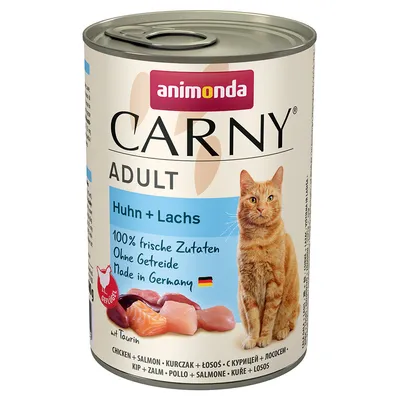Animonda Carny Adult csirke + lazac, 100% friss összetevők, gabonamentes, Németországban készült, taurinnal. Macska és húskockák ábrázolása.