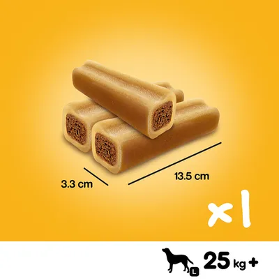 Friandise pour chien, dimensions 13,5 cm x 3,3 cm, lot de 1 pièce, convient aux chiens de plus de 25 kg (taille L), sans marque visible.