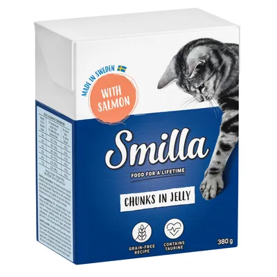 Smilla Chunks in Jelly, with salmon, 380 g, recette sans céréales, contient de la taurine, fabriqué en Suède. Photo d’un chat sur l’emballage.